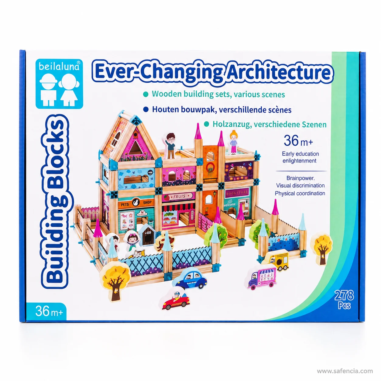 Front of the 278-piece Ever-Changing Architecture wooden blocks box