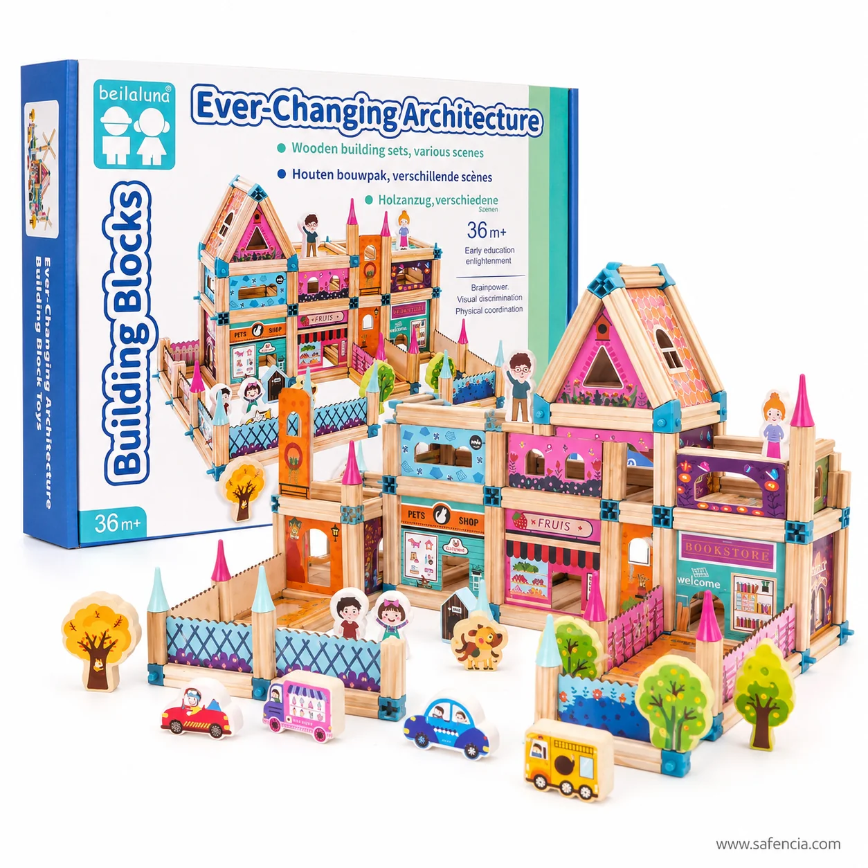 Wooden block town with shop signs, people figures, trees and parked vehicles