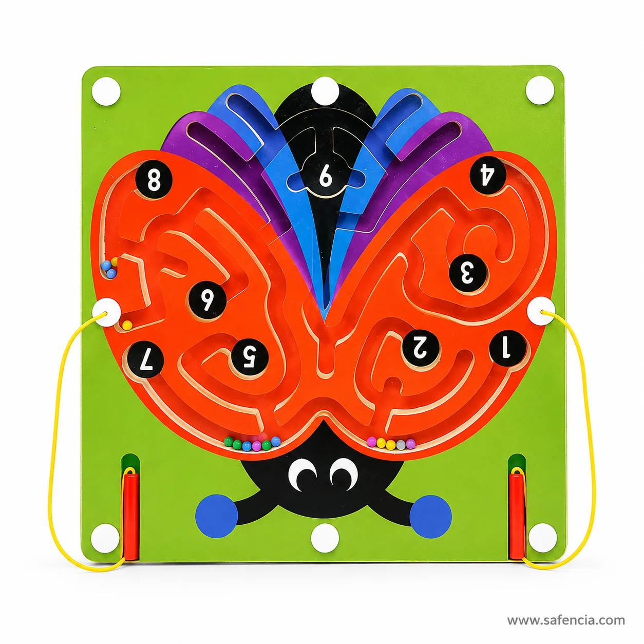 Flat top view of the butterfly magnetic maze board and its routed channels