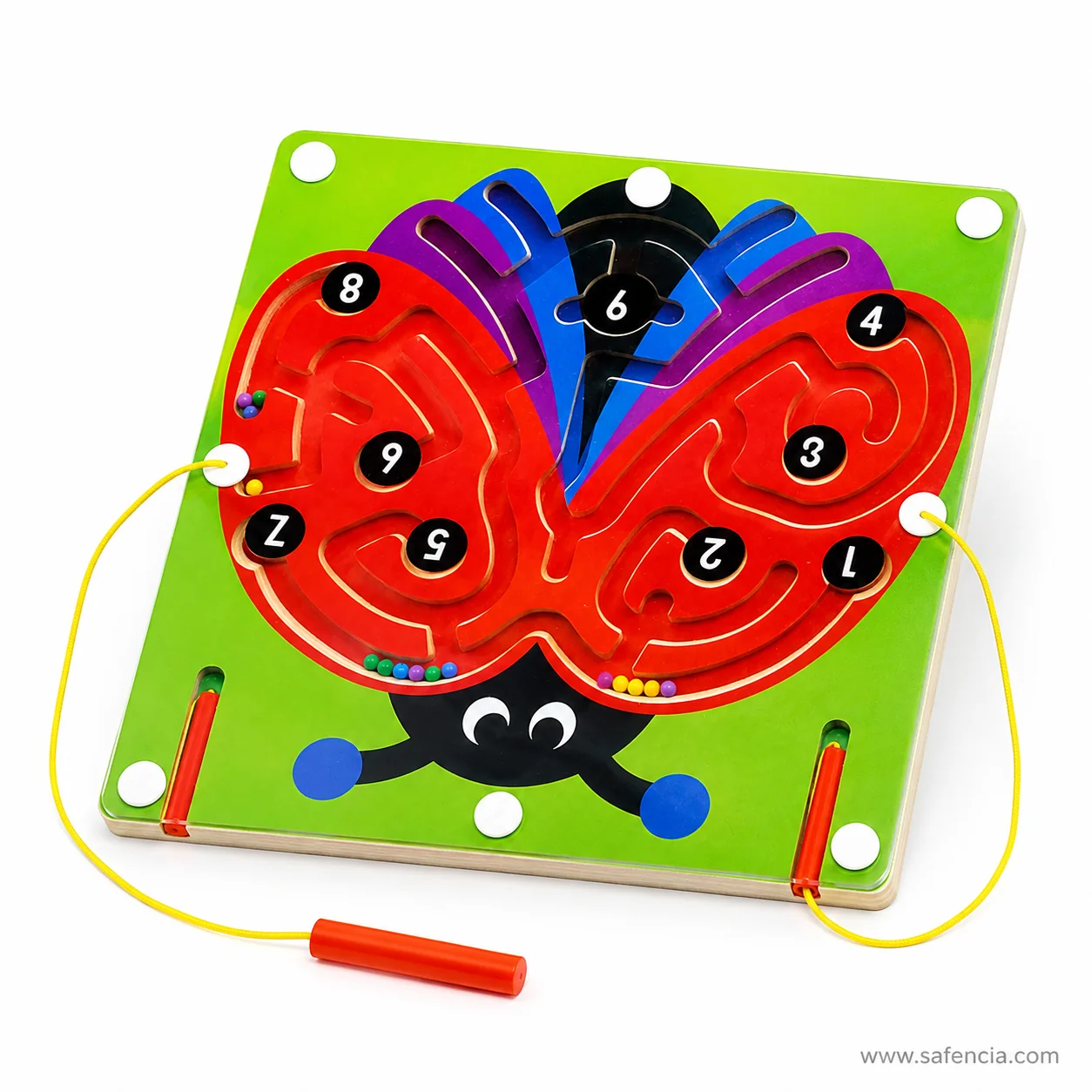 Butterfly magnetic maze board tilted with one magnetic pen held out on its cord