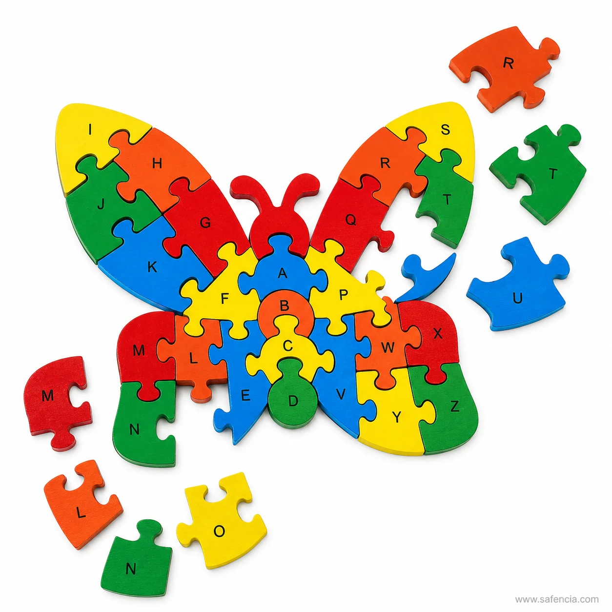 Butterfly alphabet jigsaw part assembled with several lettered pieces removed