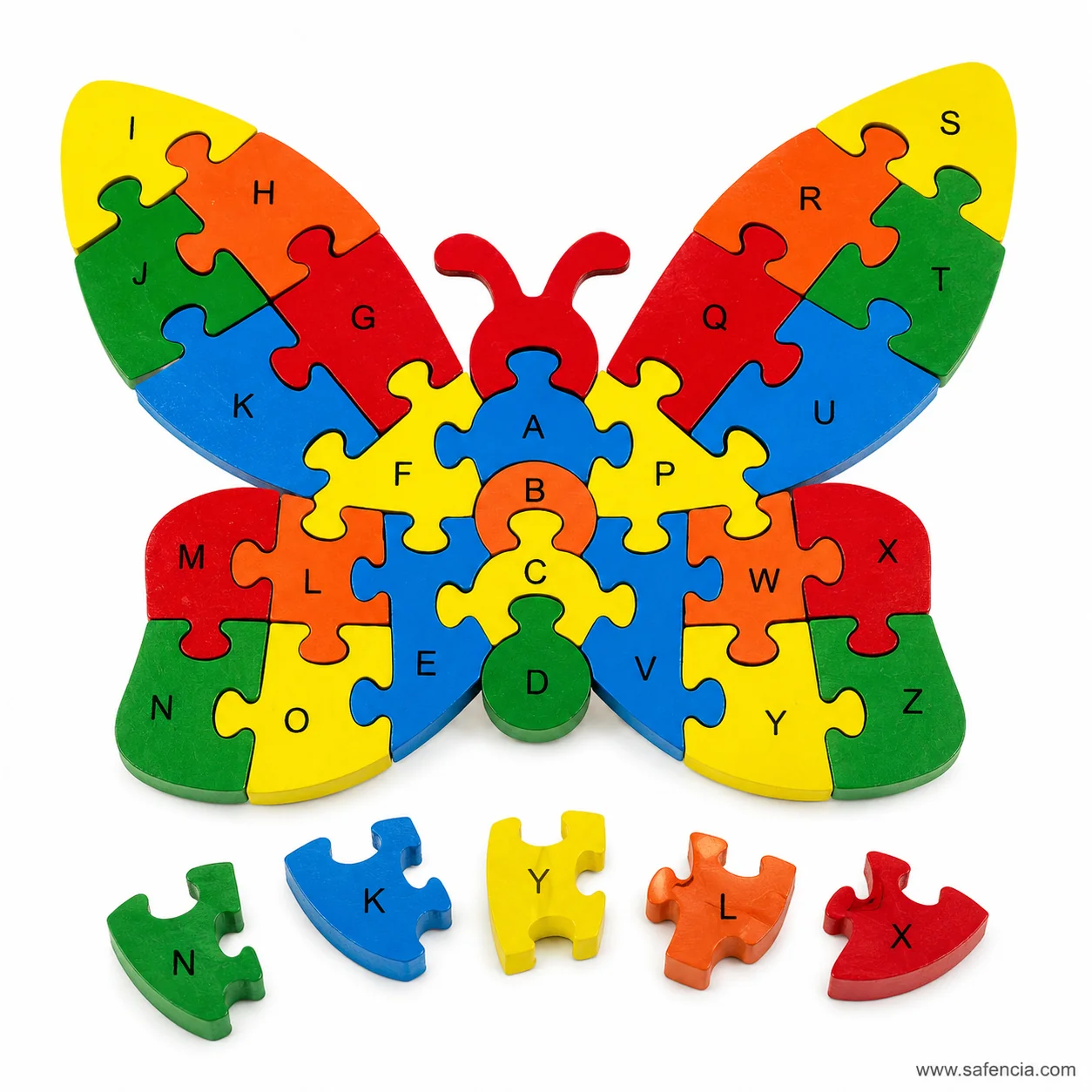 Butterfly alphabet jigsaw standing upright with five loose letter pieces in front