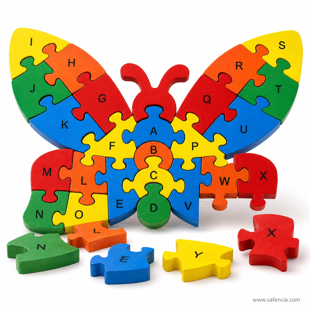 Close view of the butterfly alphabet jigsaw showing the mirrored wing colours