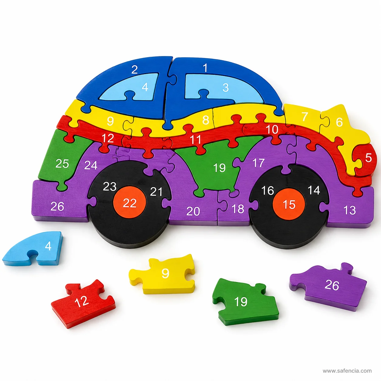 Car numbers jigsaw puzzle with five numbered pieces removed and laid in front