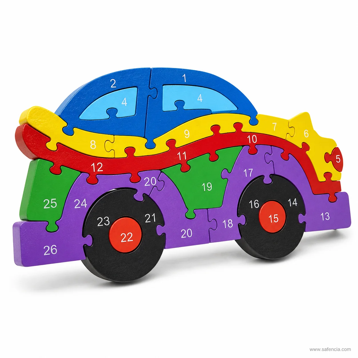 Car numbers jigsaw puzzle standing on its wheels in a side-on view