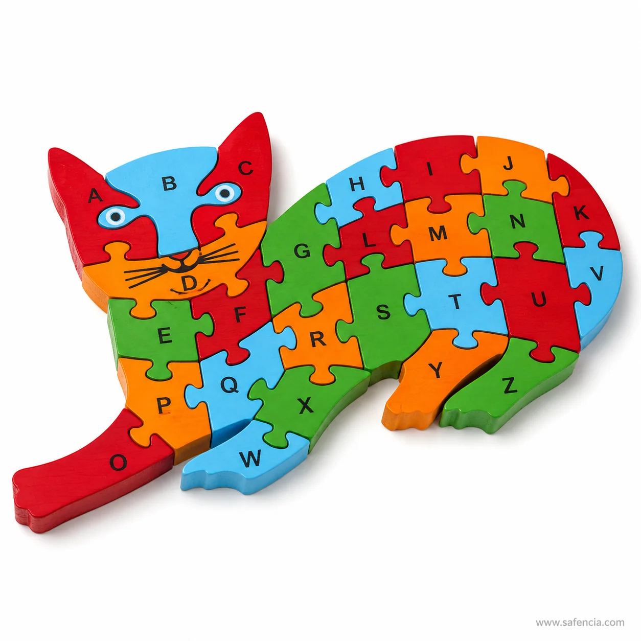 Angled view of the cat alphabet jigsaw showing the printed face and curled tail