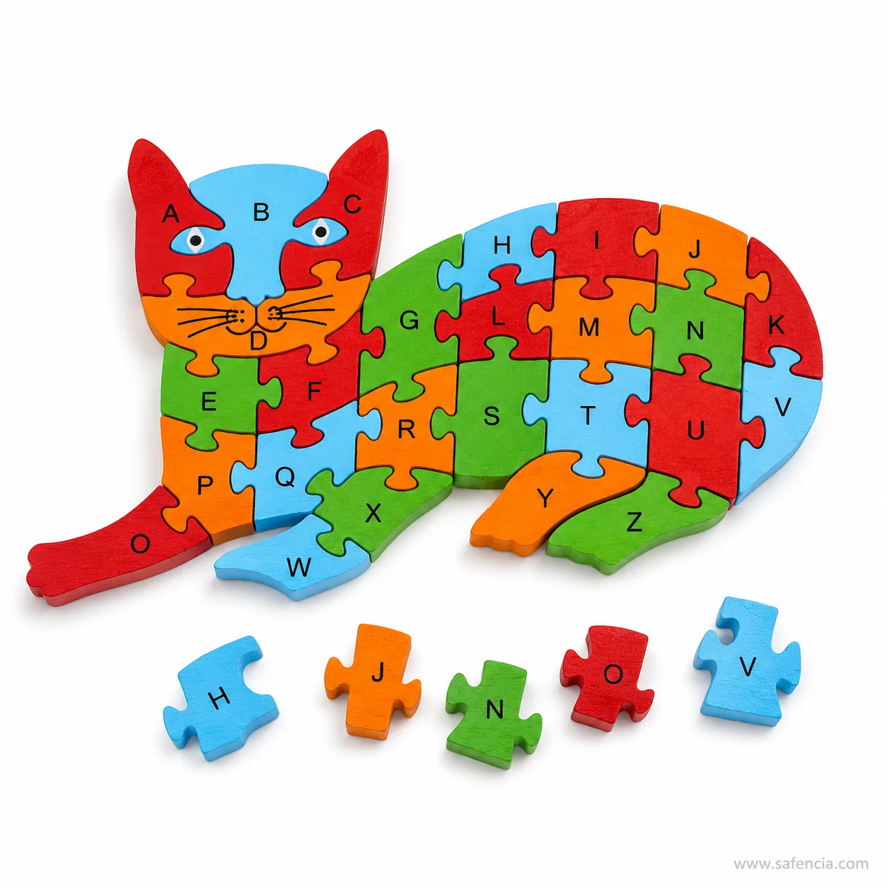 Cat alphabet jigsaw with the H, J, N, O and V pieces removed and set in front