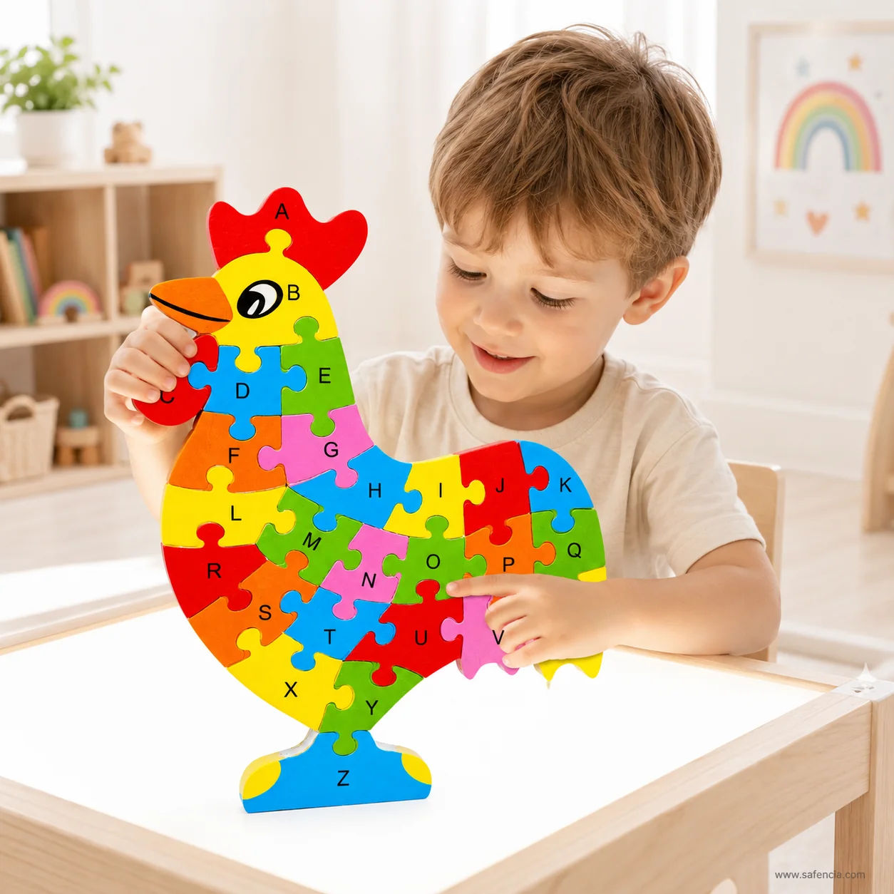 Young child placing a letter piece into the standing chicken alphabet puzzle