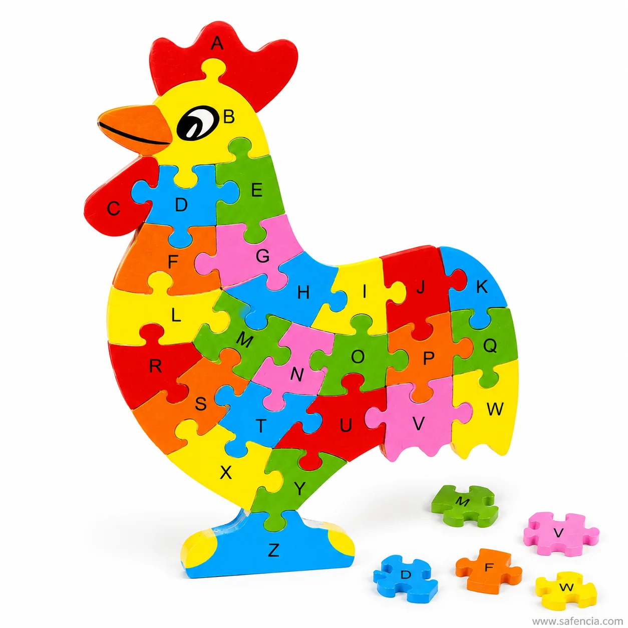 Chicken alphabet jigsaw standing with five loose letter pieces in front of it