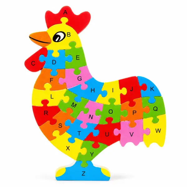 Chicken Wooden Alphabet Jigsaw Puzzle (Rooster Shape, A to Z, Stands on a Base)
