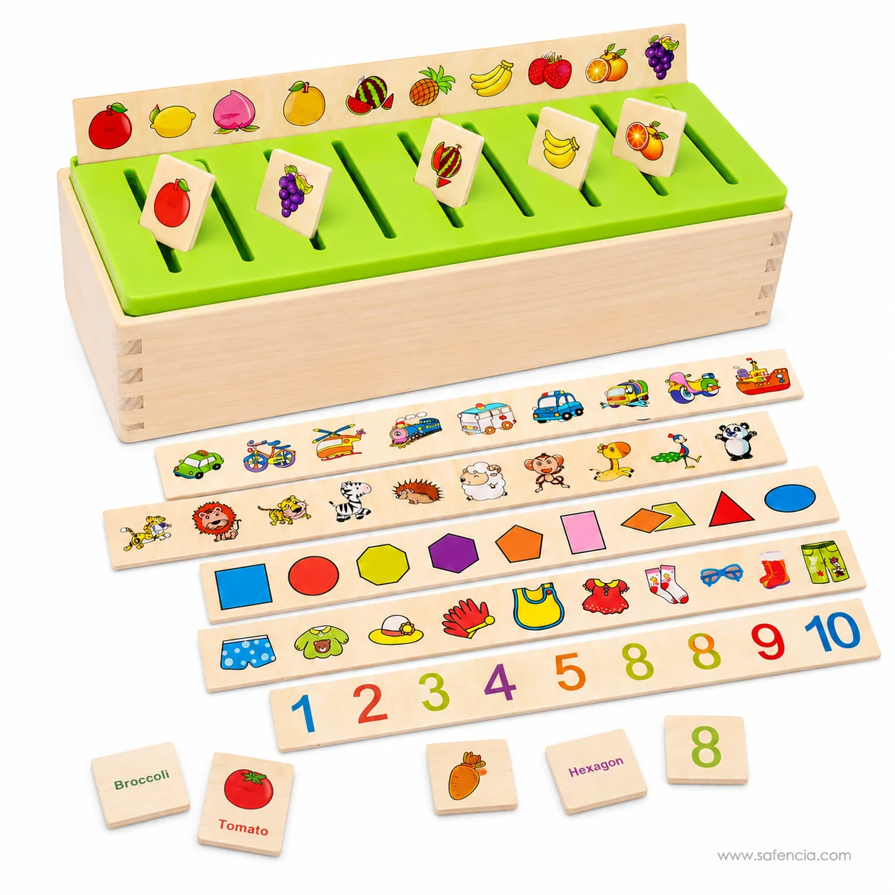 All eight category strips laid out below the wooden sorting box