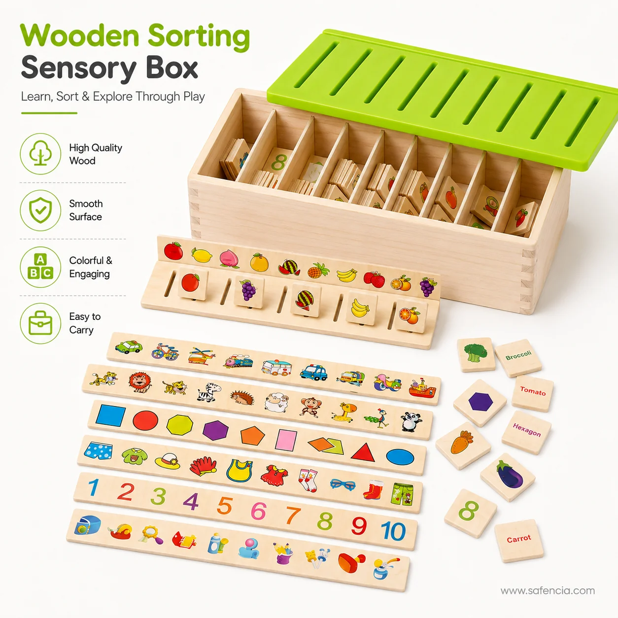 Wooden sorting box with the lid removed showing eight inner compartments