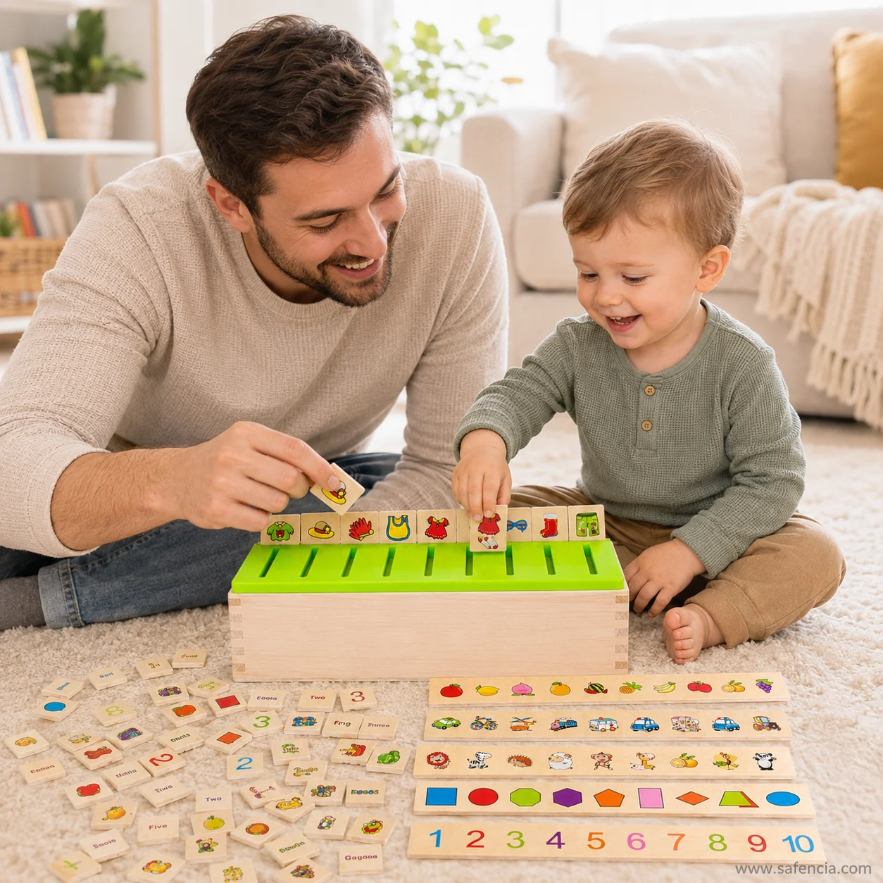 Parent and toddler sorting picture tiles into the wooden box on a rug