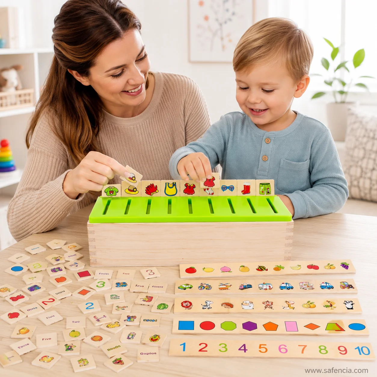 Toddler choosing a picture tile while an adult holds the sorting box steady