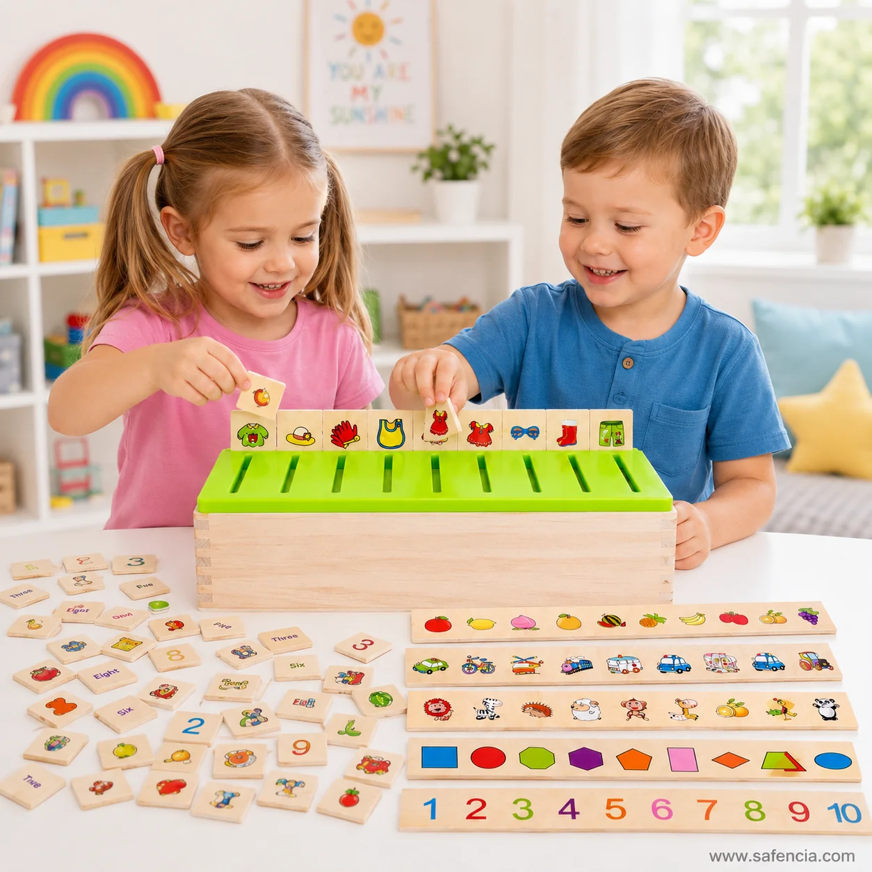 Two children posting tiles into the wooden sorting box from either side