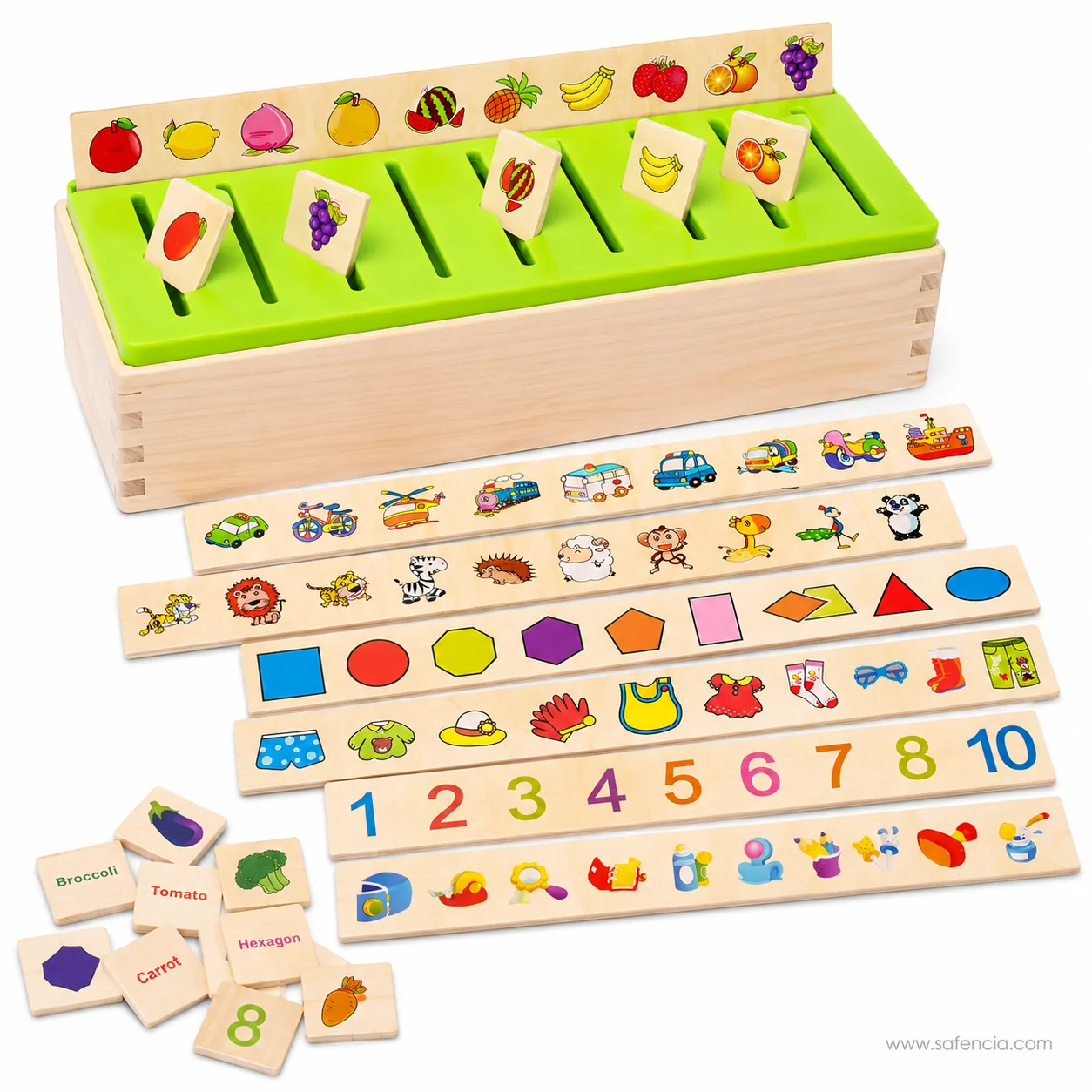 Sorting box and strips with picture tiles that print words such as carrot