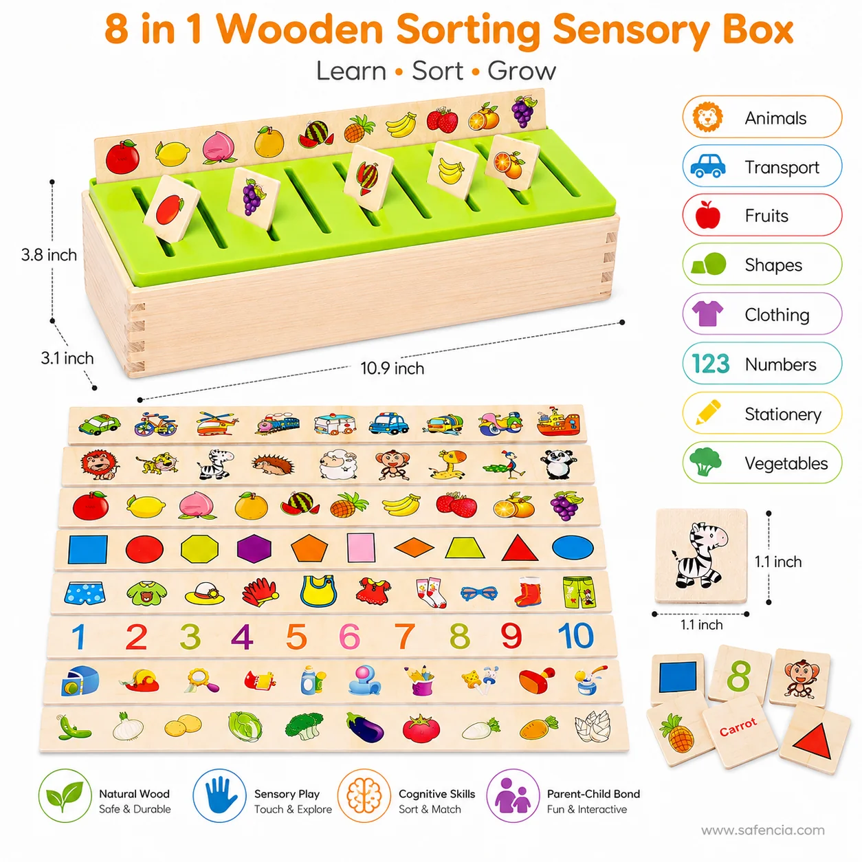 8-in-1 wooden sorting sensory box with its eight categories and measurements