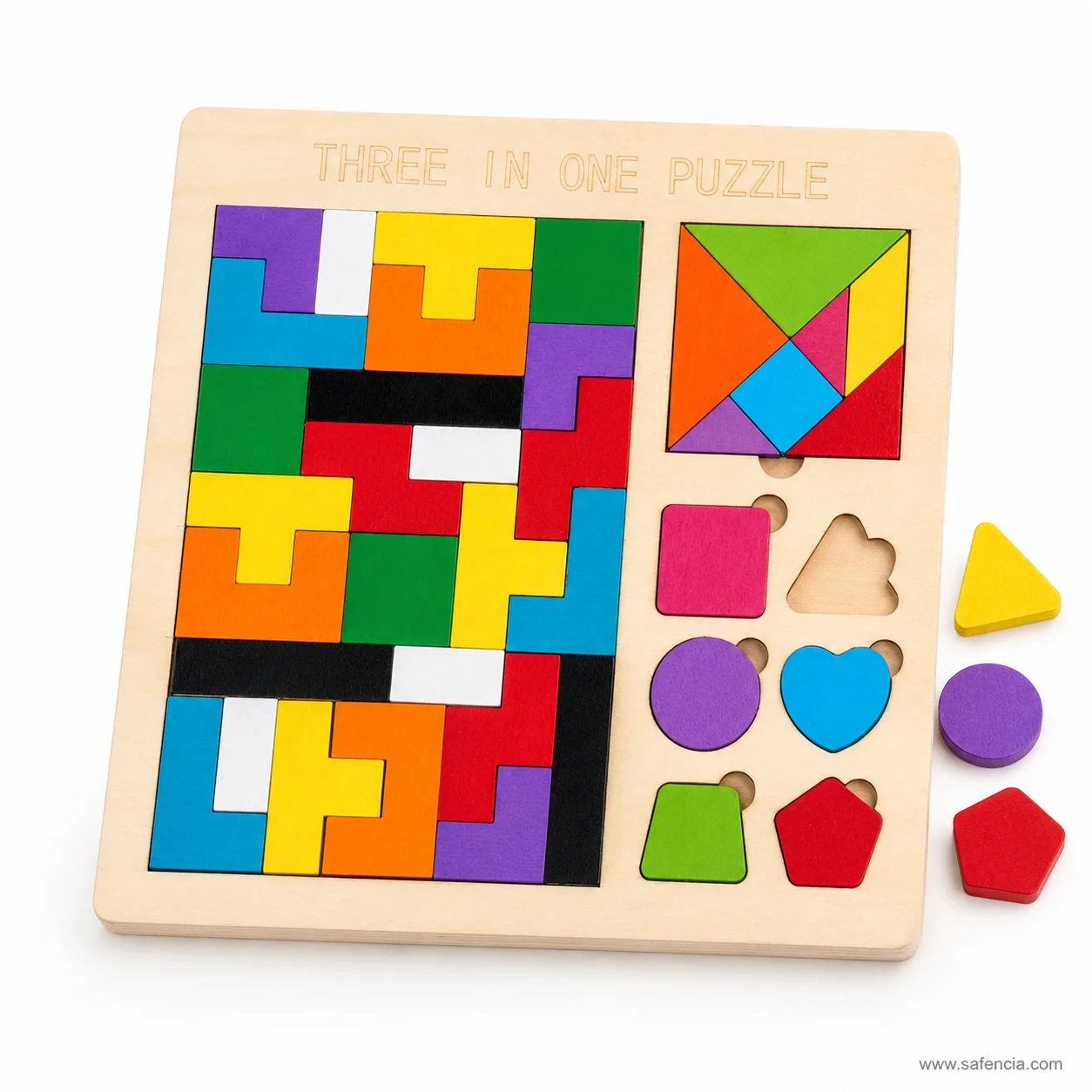 Three In One puzzle board angled with knobbed shape pieces lifted out