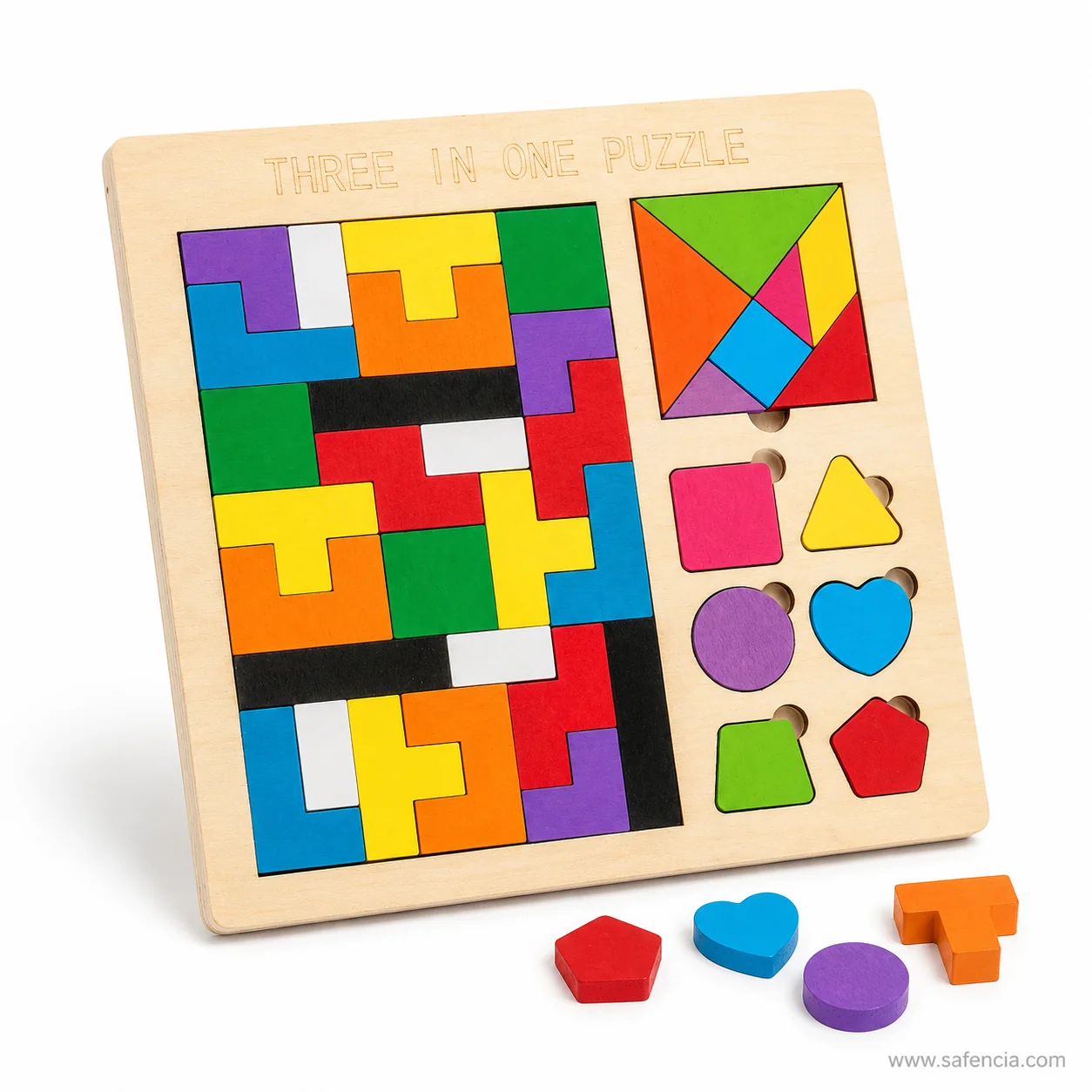 Three In One wooden puzzle board propped upright with loose pieces in front