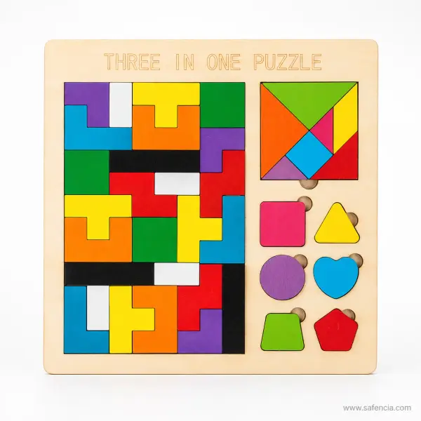 Three In One Wooden Puzzle Board (Block Grid, Tangram and Shape Sorter)