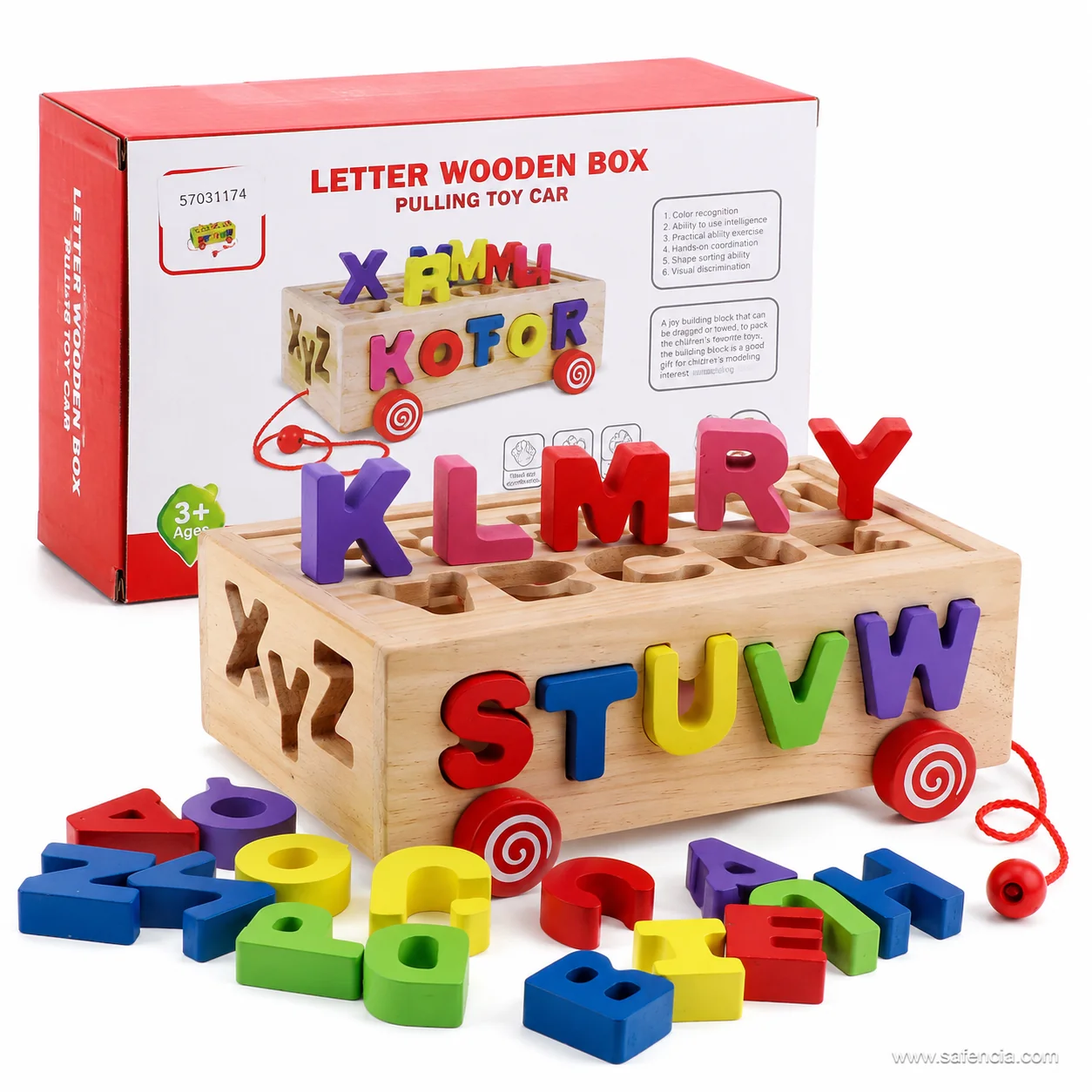 Wooden alphabet letter box beside its printed carton showing the 3+ marking