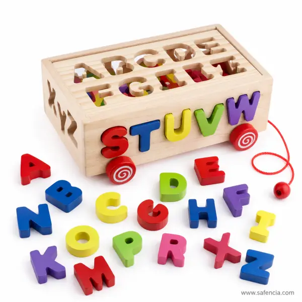Wooden Alphabet Pull-Along Letter Box (26 Capital Letters, Shape Sorter Car)