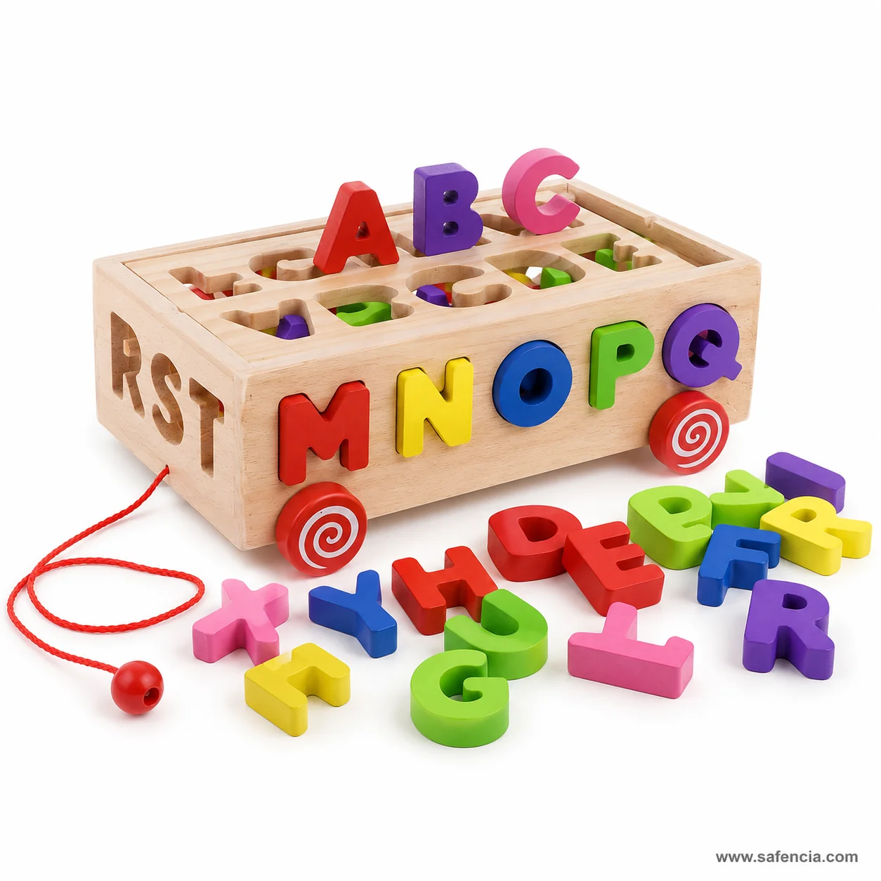 Wooden letter box side panel with R S T openings and coloured capitals fitted