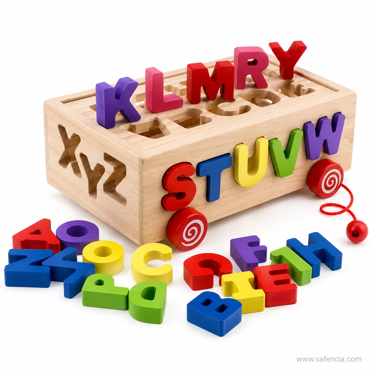 Wooden letter box end panel cut with X Y Z beside the pull cord handle
