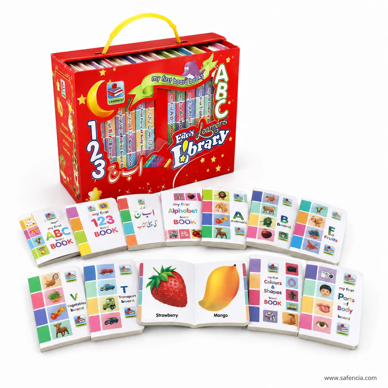 Early Learners board books fanned out in a row with covers and an open page