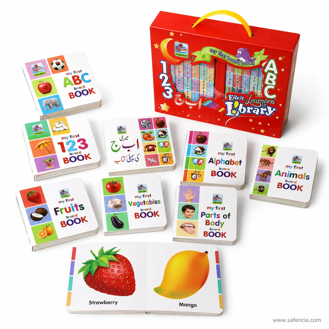 Early Learners board book lying open on a page showing a strawberry and mango