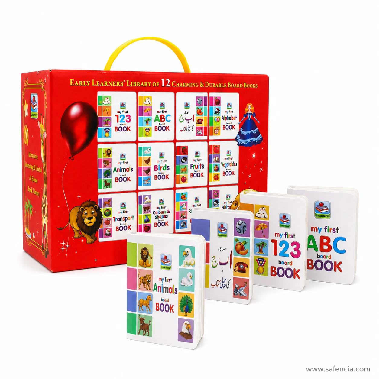 Four Early Learners board books standing upright beside the red carry box