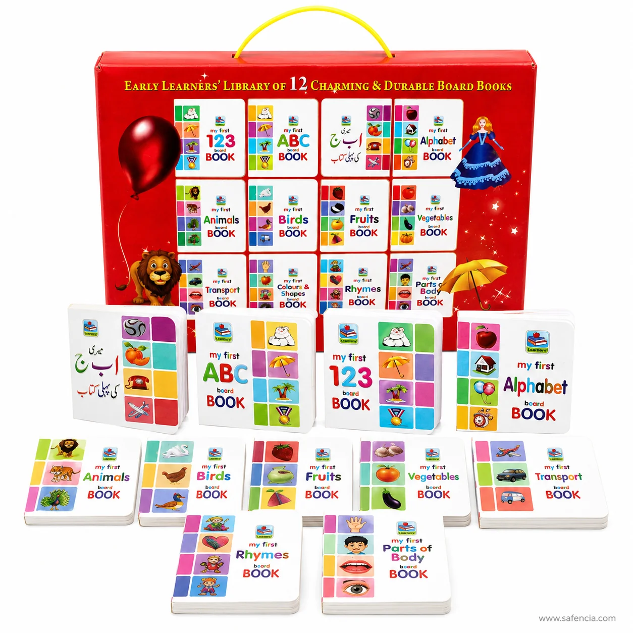 All twelve Early Learners board book covers laid out in front of the box