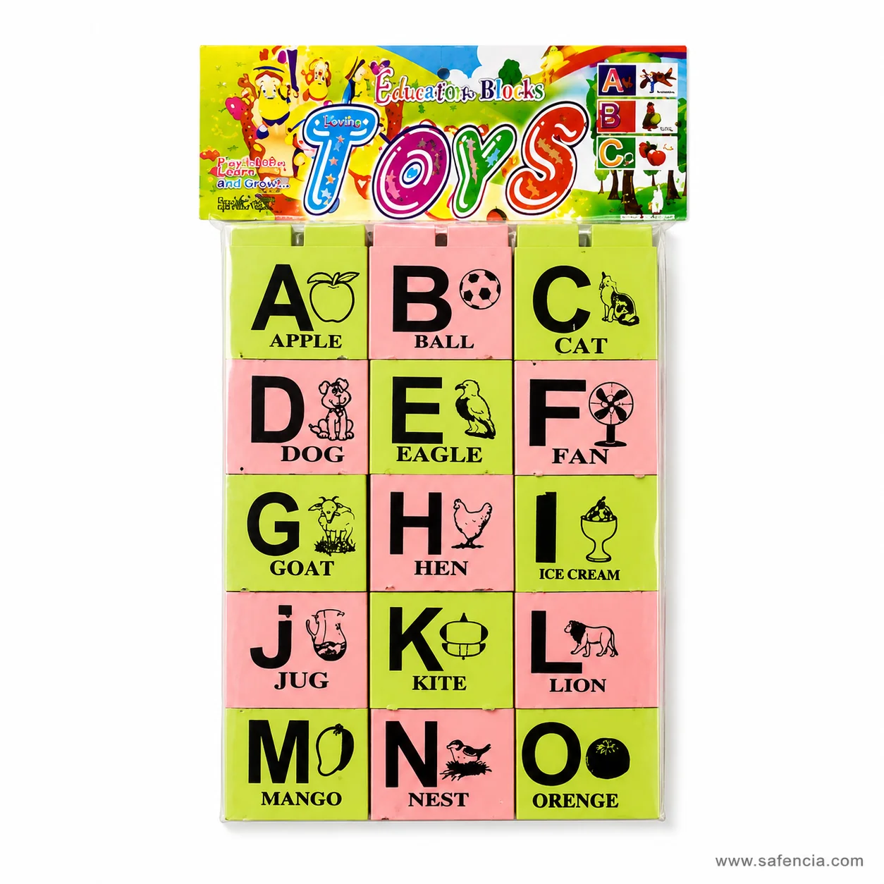 English alphabet block pack seen at an angle showing the cube depth