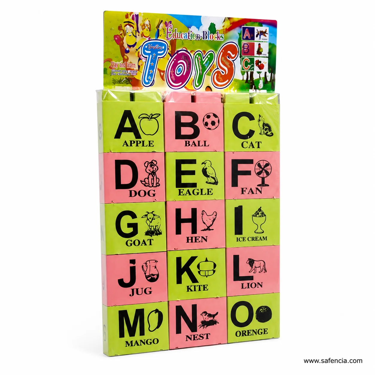 English alphabet blocks shrink-wrapped on the printed header card