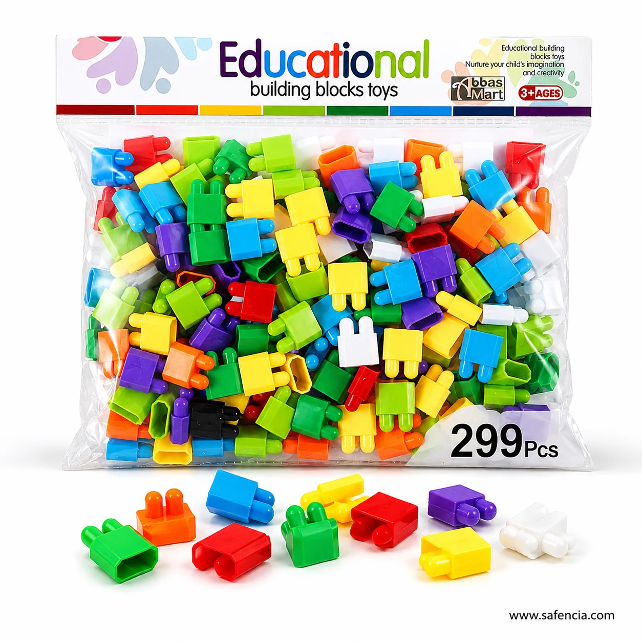 Educational building blocks bag with its 3+ header and coloured bricks below