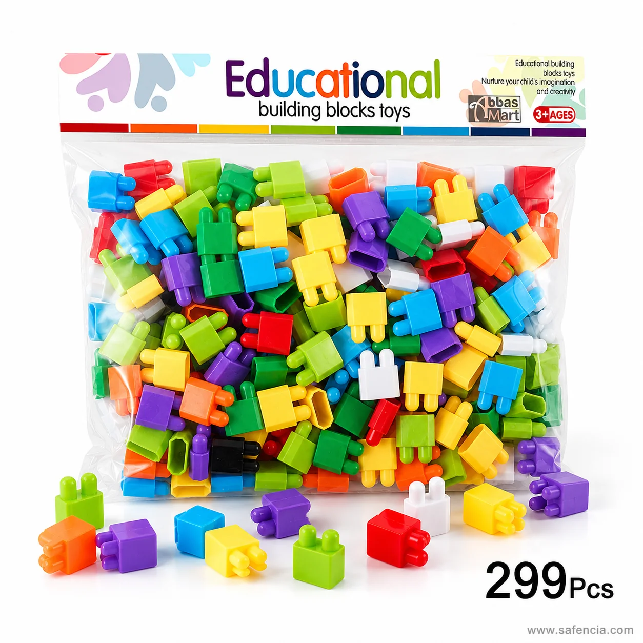 Close view of tall-stud interlocking bricks in front of the 299 piece bag