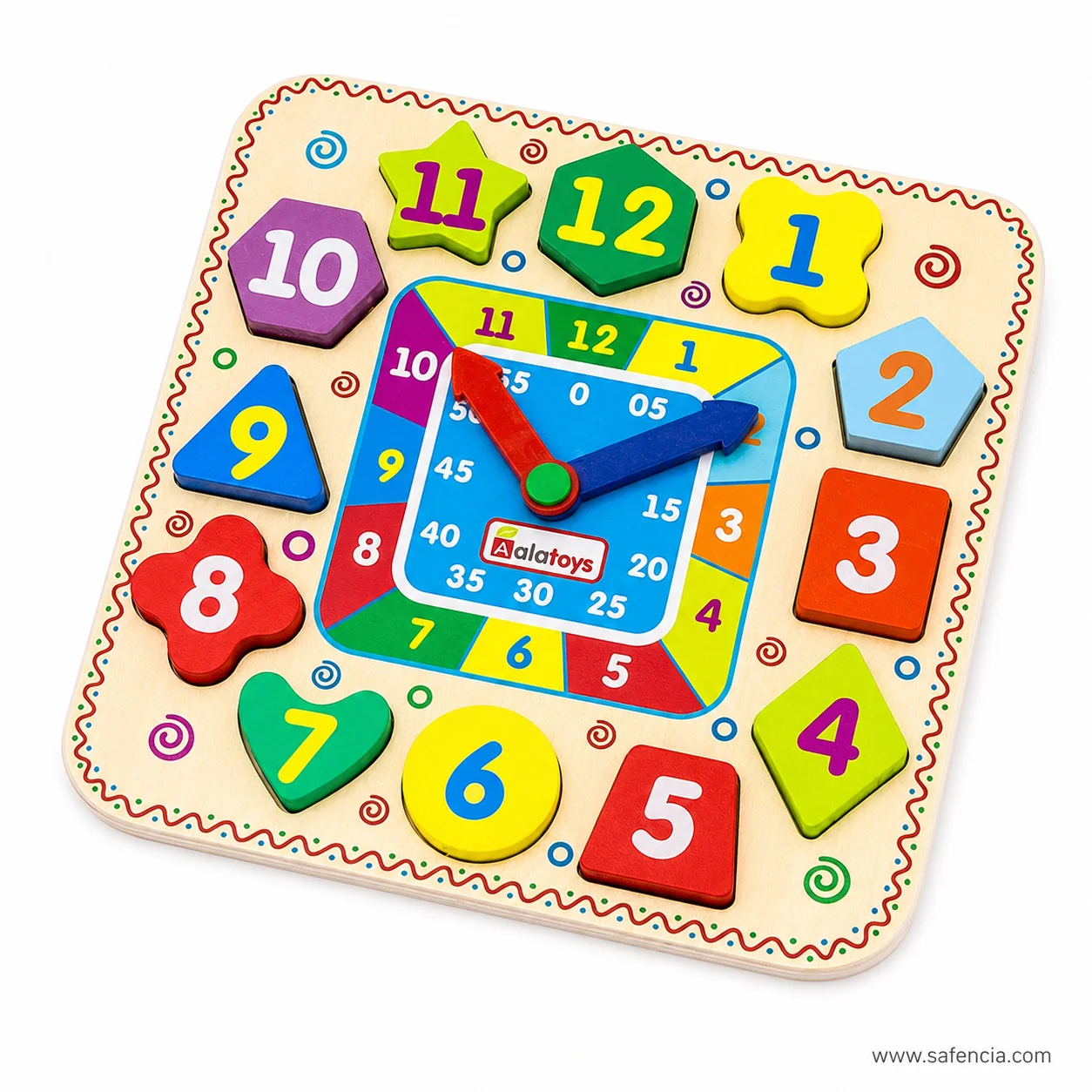 Wooden clock puzzle at an angle showing the shaped numbers and movable hands