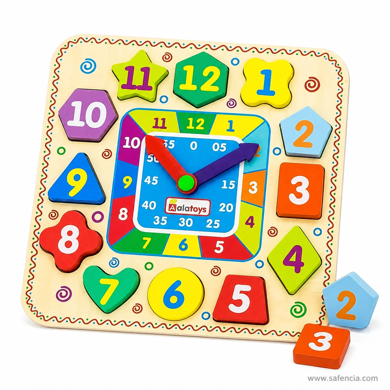 Wooden clock puzzle with the 2 and 3 number pieces lifted out of the board