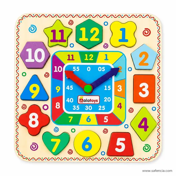 Wooden Learning Clock with Geometric Shape Numbers (12 Piece Puzzle Board)