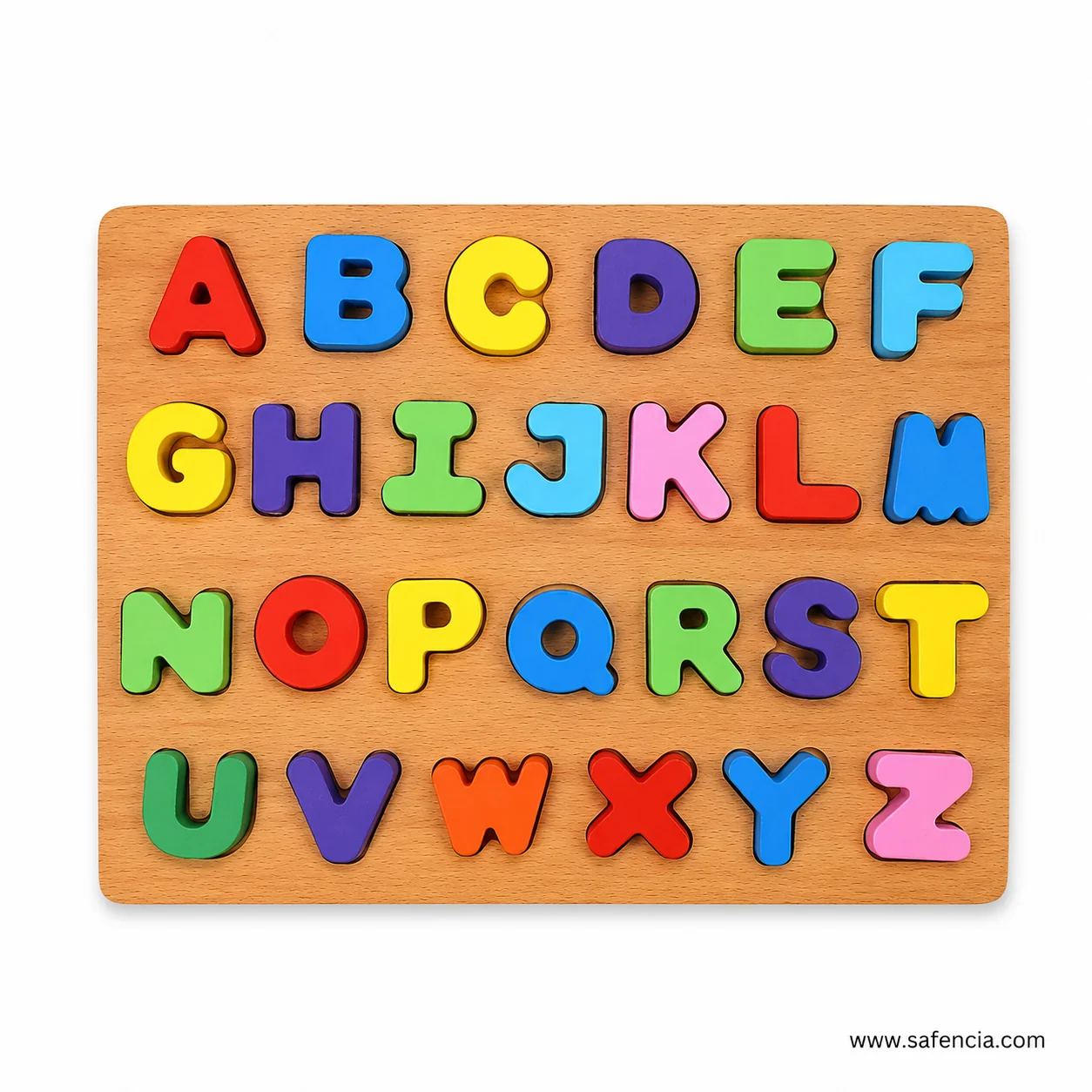 Wooden board with thick capital letter pieces from A to Z standing in cut recesses