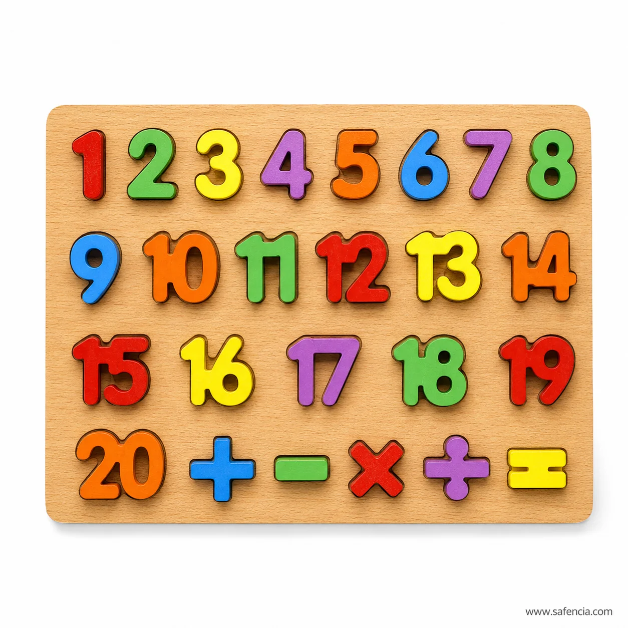 Wooden number board with thick pieces for 1 to 20 and the plus minus multiply divide signs