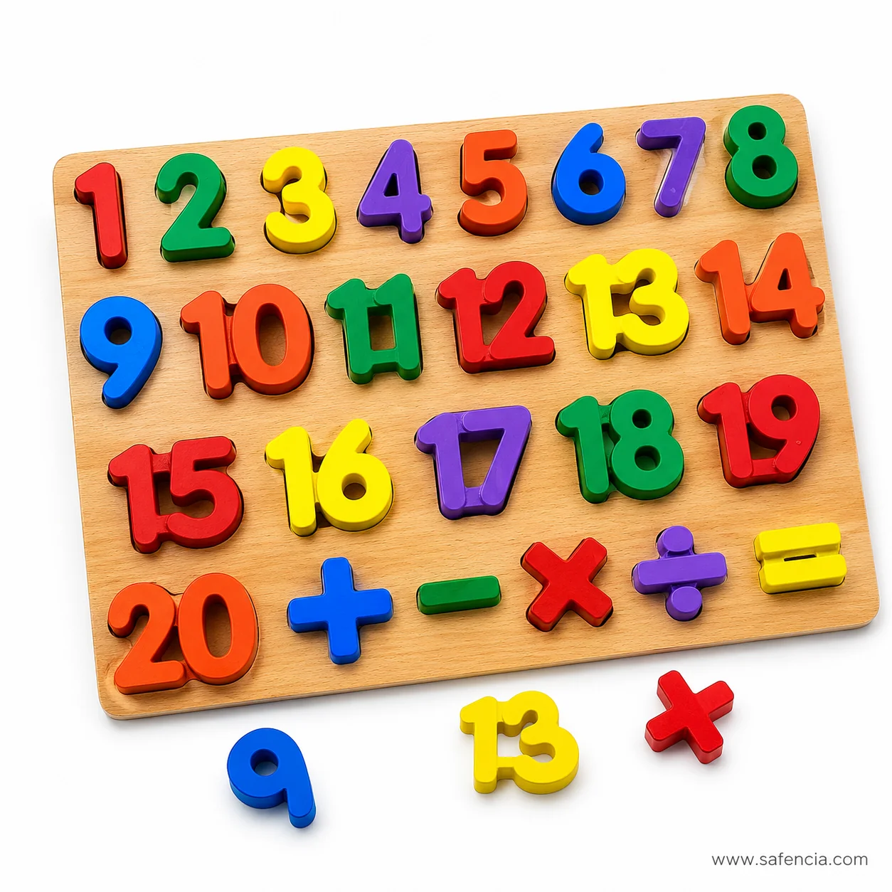 Wooden 3D numbers board tilted with the 9, 13 and multiply pieces lifted out of their recesses