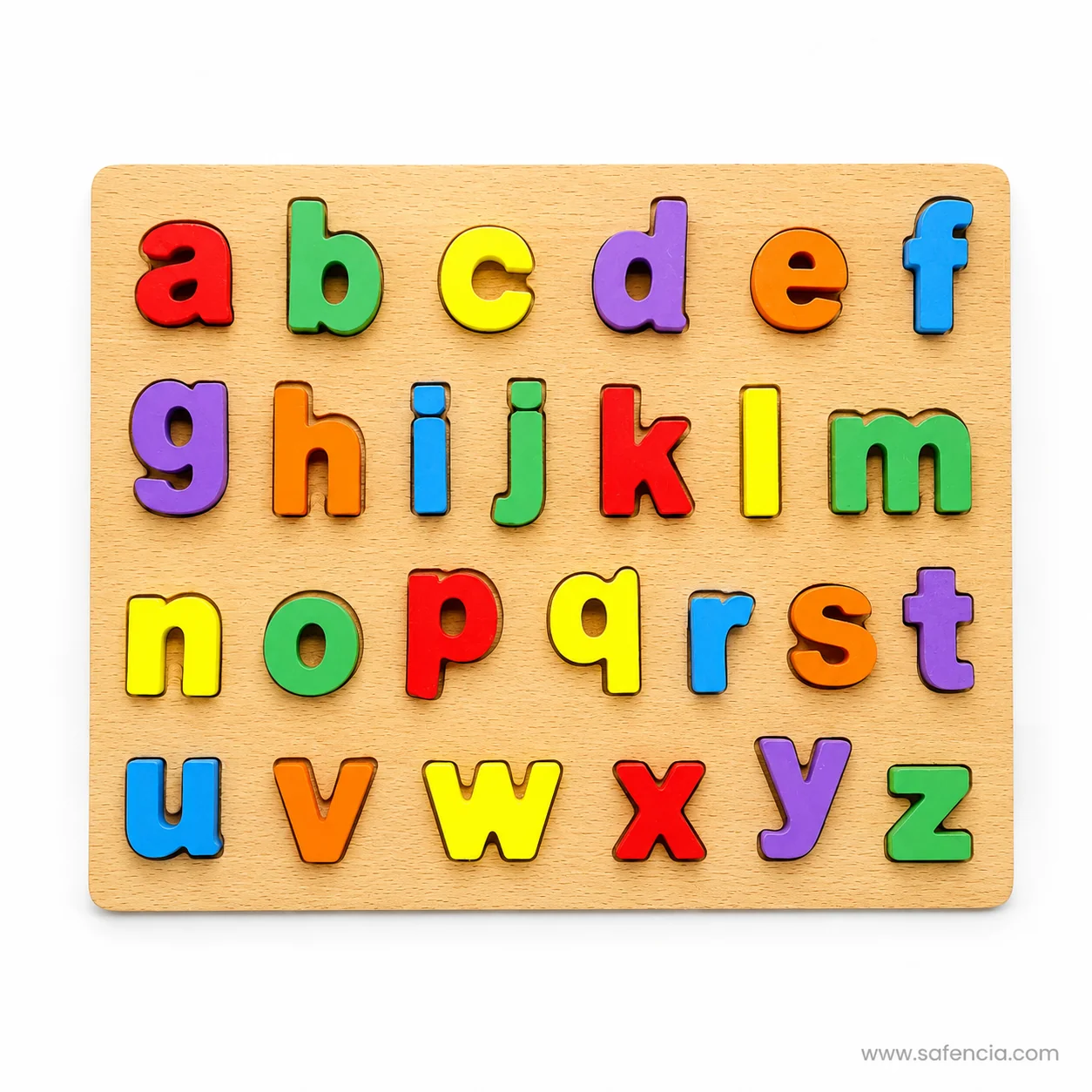Wooden board with thick lowercase letter pieces from a to z in cut recesses