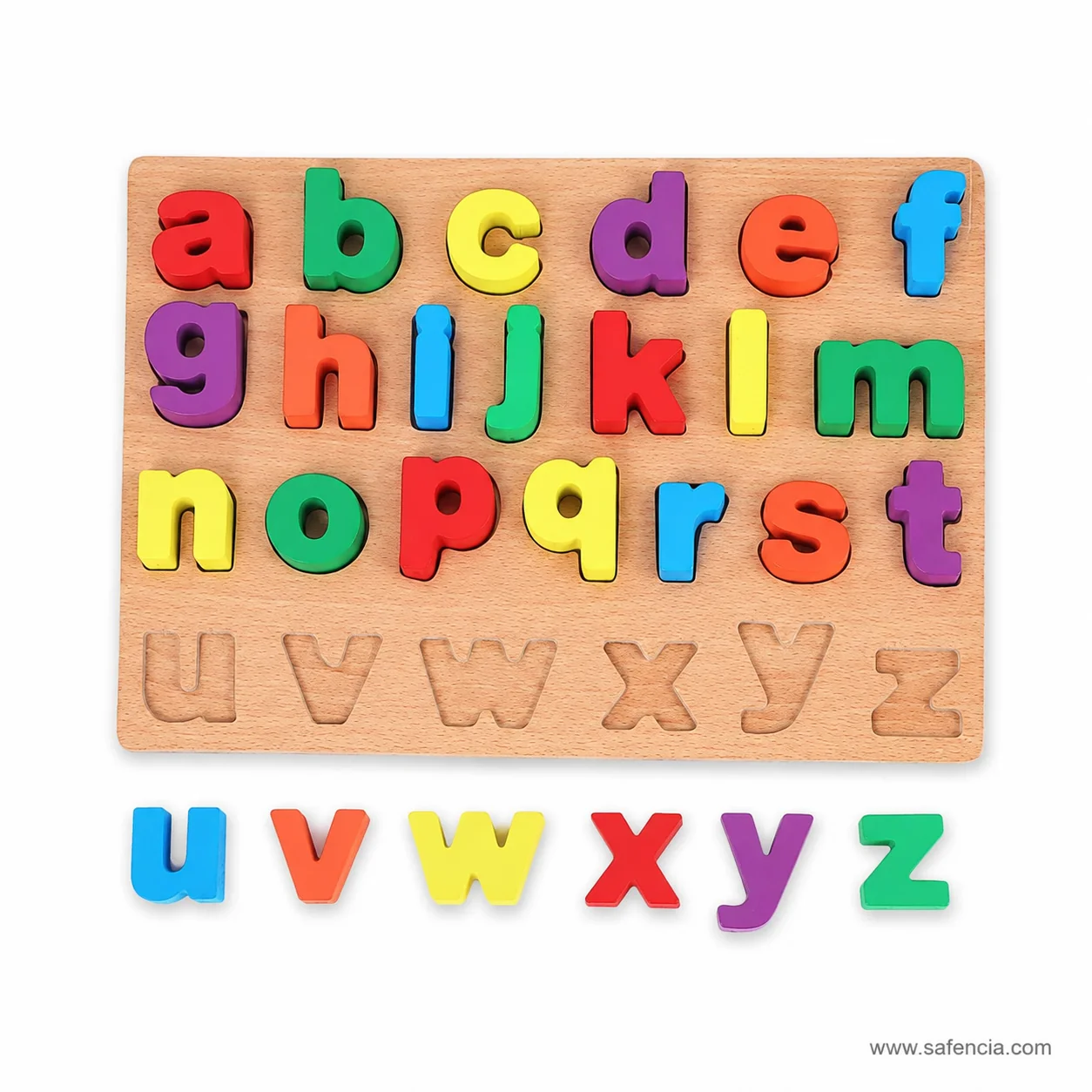 Wooden 3D small abc board with u to z removed showing the engraved letter recesses beneath