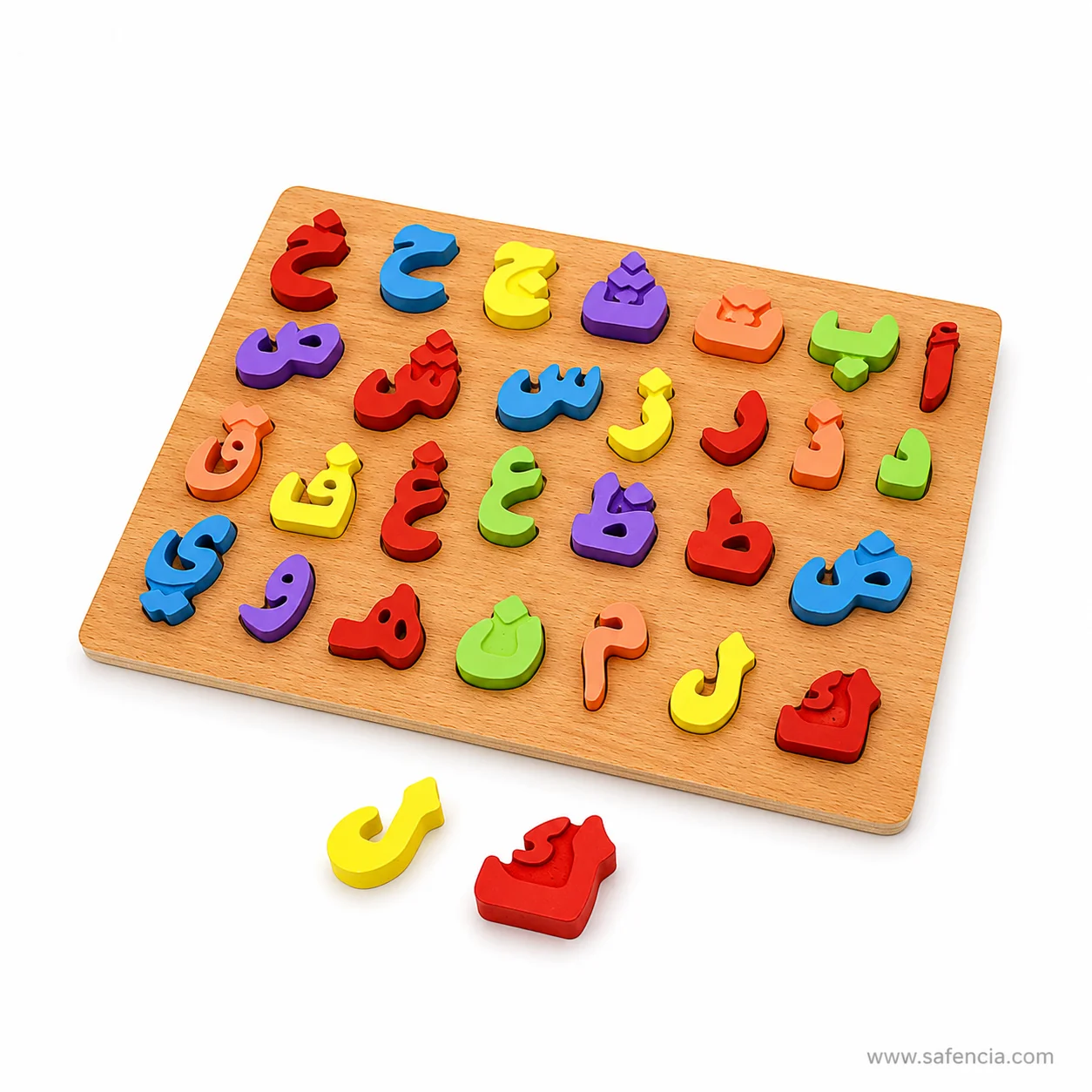 Angled view of the Urdu alphabet board with two letter pieces lifted out beside it