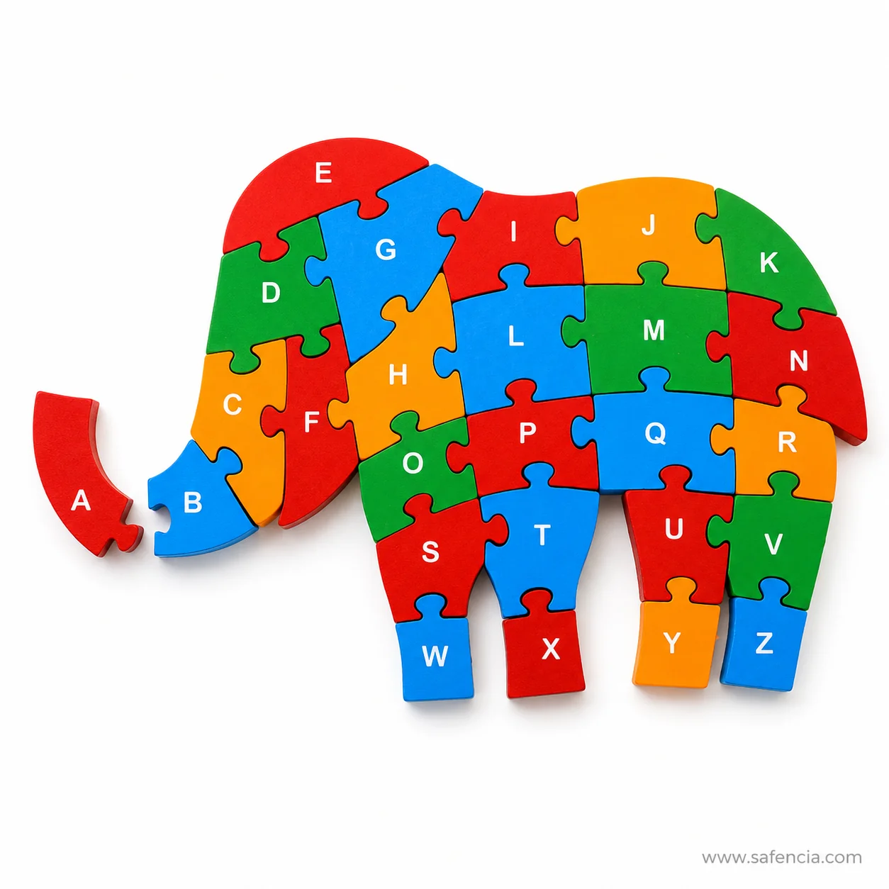 Elephant alphabet jigsaw with the curled trunk piece detached from the head