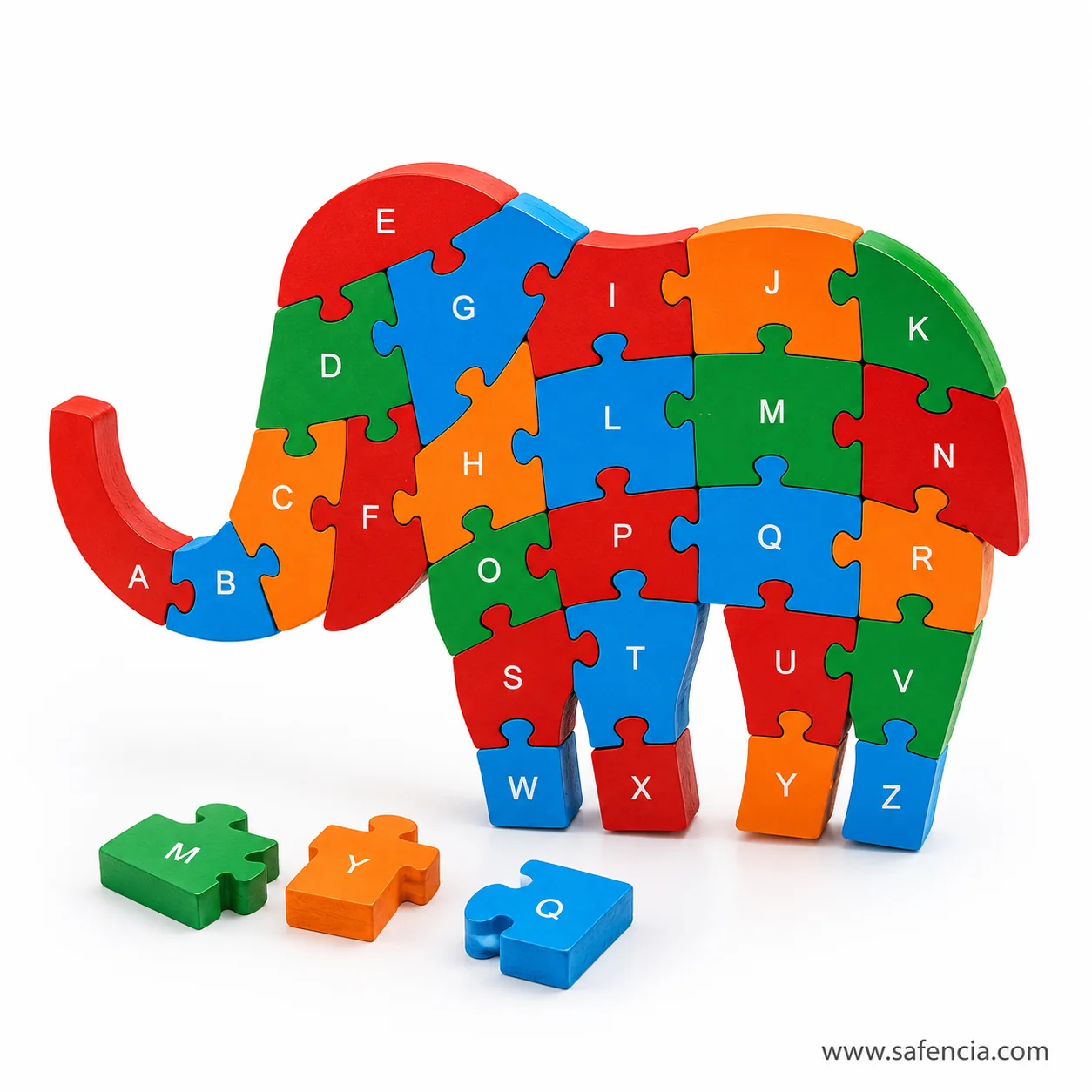 Elephant alphabet jigsaw with the M, Y and Q pieces removed and set in front