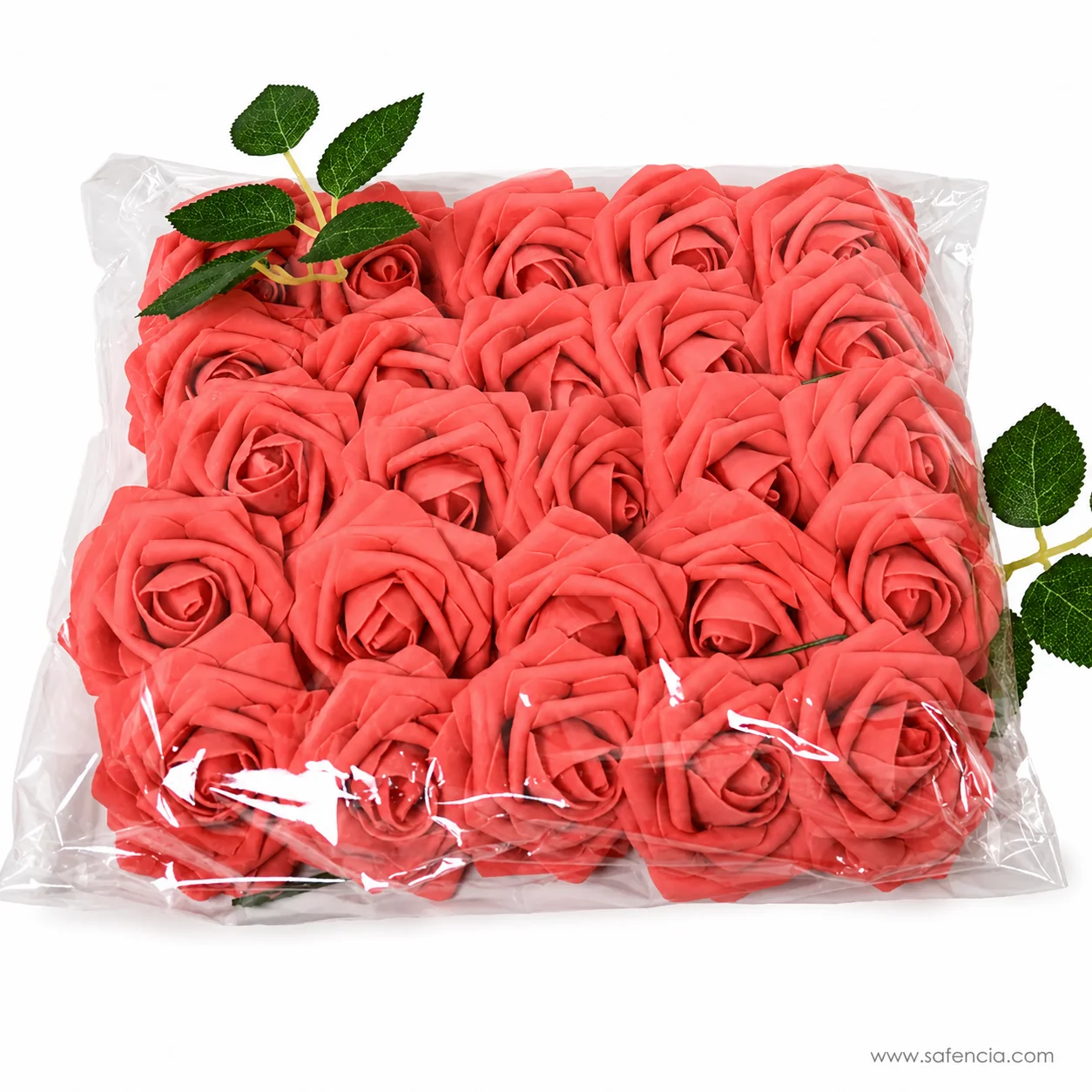 Close view of red foam roses showing the wrapped petal shaping on each flower head