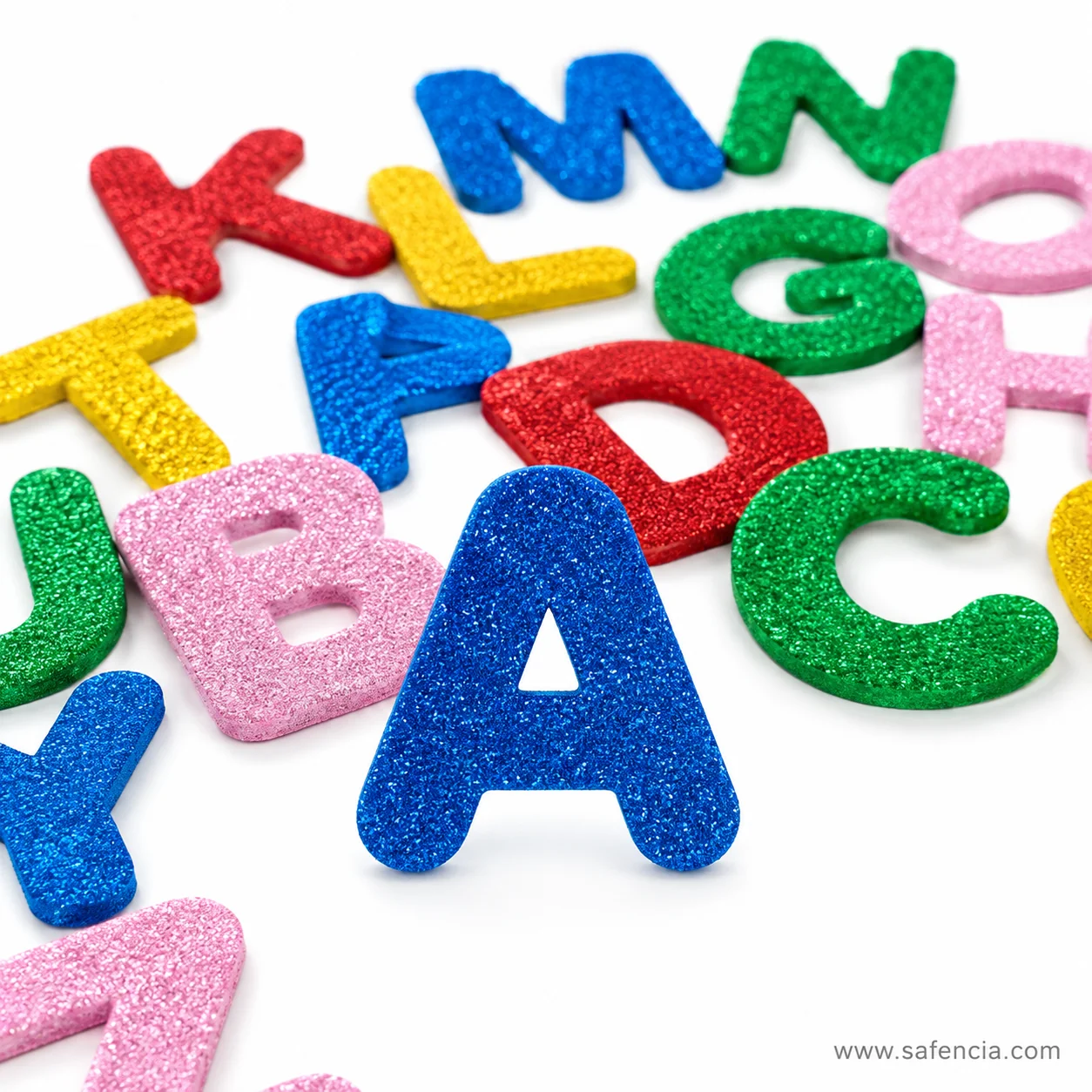 Colorful glitter foam lowercase letters detail