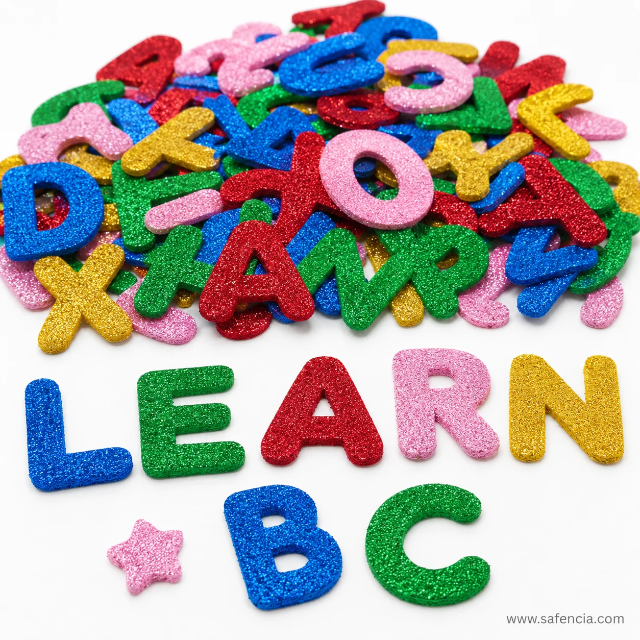 Glitter letters spelling flat lay